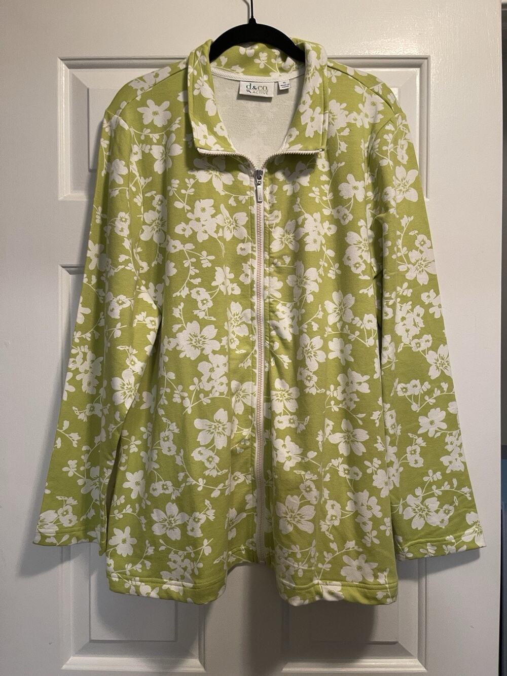 Denim & Co Jacket Womens XL Lime Green Casual Floral Print Active Zip Front New